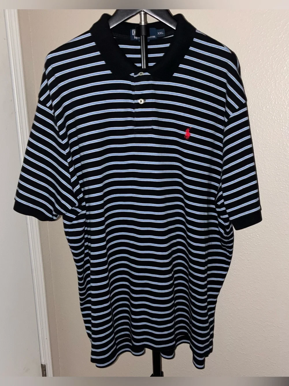 Ralph Lauren Black with Light Blue Striped Polo Featuring Red Pony